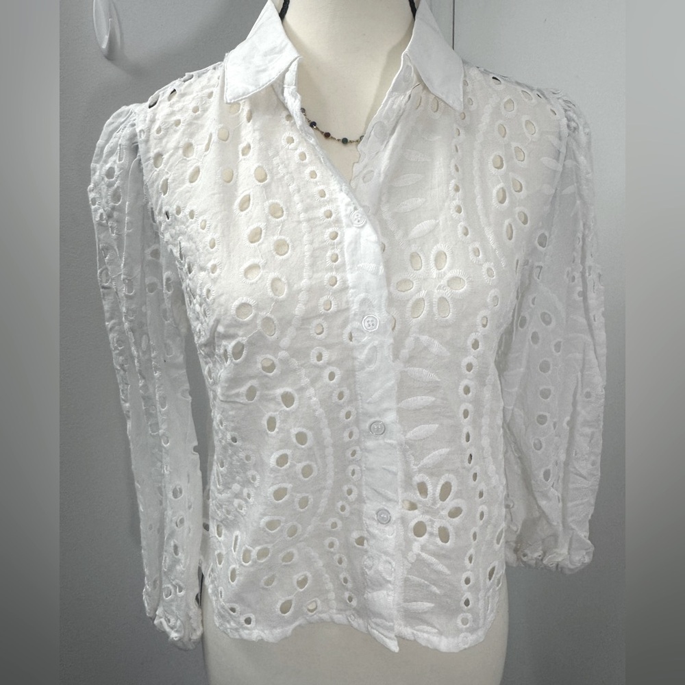 Wltra Pink Women White Collared Button Front Long Bishop Sleeves Blouses Size S - Picture 2 of 11